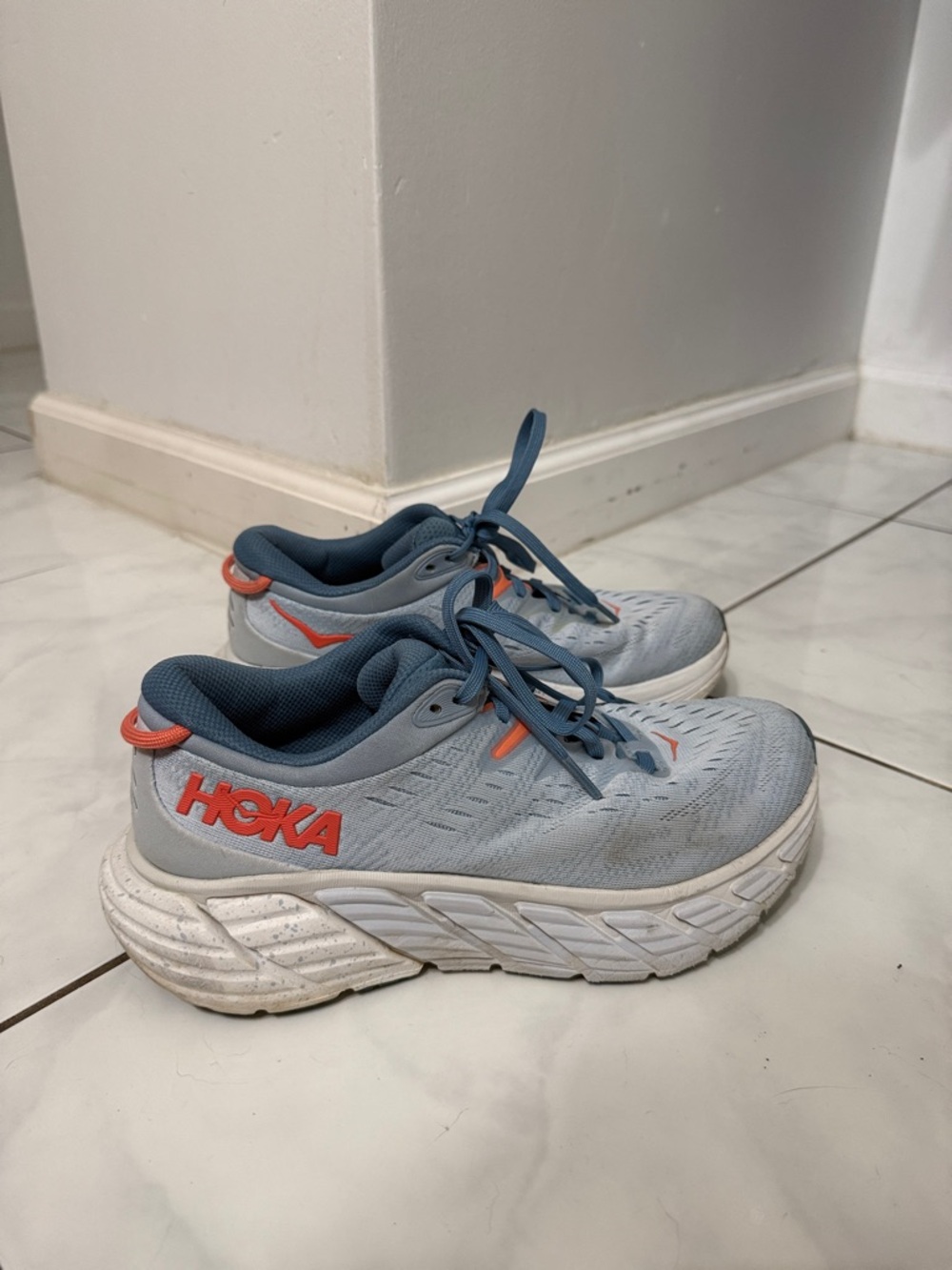 Hoka Women's Light Blue and Coral Cushioned Running Shoes